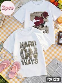 Two-Piece T-Shirt Set For Girls: White Short-Sleeve Crewneck Tee With Red Rose Print & Newspaper-Style Graphic - White + White - View 5