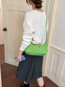 1件女款時尚新款百搭裂紋紋理純色大容量單肩斜挎餃子包，月牙形手提包，適合辦公通勤、購物、節日送禮 - 綠色 - 查看 6