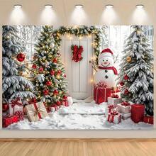 1 Christmas Happy Photography Background Banner With Joyful Snowman Christmas Tree Pattern, Suitable For Winter New Year's Eve Home Wall Decoration And Christmas Party Decoration. - Multicolor - View 2