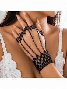 Gothic Black Lace Hand Chain Bracelet With Finger Rings Bracelet Vintage Punk Cosplay Party Hand Jewelry For Women - Black - View 7
