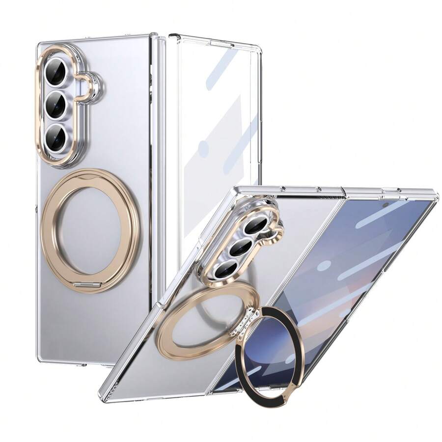 VIETAO 360°旋轉隱形支架透明材質手機殼,適用於 Galaxy Z Fold 8 Ultra 7 6 5 4 Fold7,附鋼化玻璃螢幕保護貼 - 金色 - 查看 1