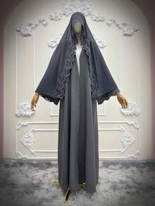 Bata gris para mujer con chaqueta bordada a rayas y pañuelo de cabeza, primavera - Gris - Ver 9