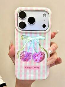 Casing Ponsel Motif Kotak-kotak Pita Ceri Lucu Y2K Kompatibel dengan iPhone 17 Pro Max 17 Pro 17 16 Pro Max 16 Pro 16 15 Pro Max 15 Pro 14 Pro Max 14 Pro 13 12 Pro Max 11 Penutup Belakang Tekstur Laser Tinfoil - Ceri Berkotak-kotak - View 4