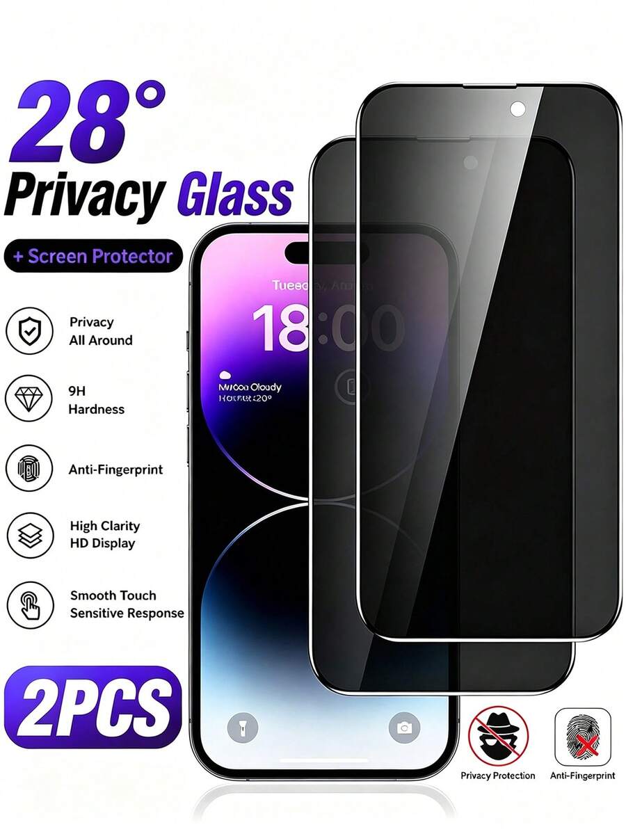 2 pcs Pelindung Layar Anti-Intip 28° Kompatibel dengan iPhone 18 Pro/18 Pro Max/17 Pro Max/17/16 Pro Max/16 Plus/16/15 Pro Max/14/13/12/11/X/XS/XR/XS Max, Cakupan Penuh Privasi, Sensitif Sentuhan, Tahan Gores - Hitam - View 1