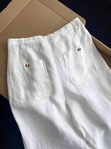 Women's White Linen Wide Leg Pants, Drawstring Elastic Waist Casual Long Pants With Back Pockets, Breathable Summer Vacation Pants - White - View 2
