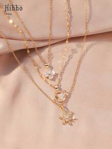 Hihho 三件套三层圣诞项链，镶嵌行星、雪花、四叶草和四瓣花吊坠 - 金色节日珠宝，女士礼物 - 金色 - 查看 2