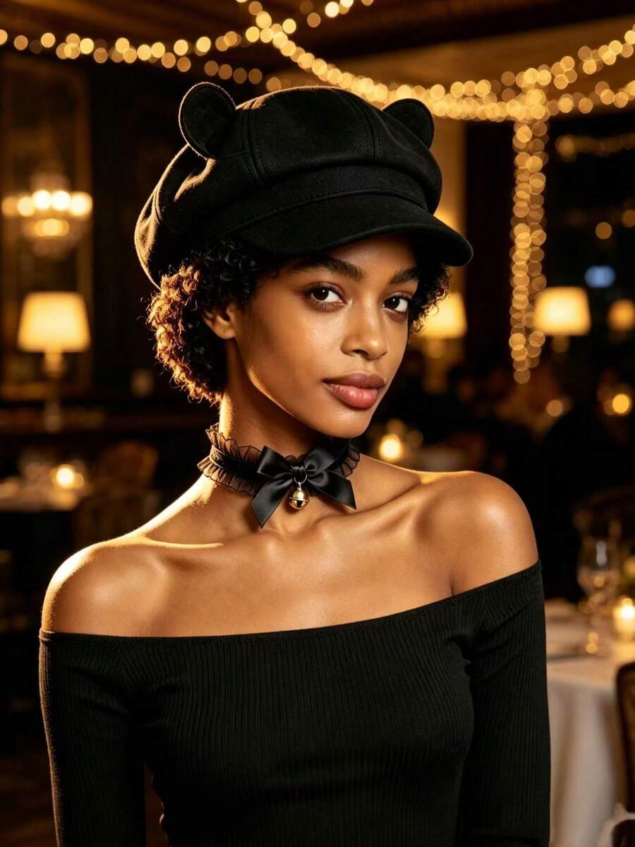 2pcs Women's Cute Bear Ear Newsboy Cap + Black Lace Bow Bell Choker Set, Vintage Style Hat & Necklace Accessory Kit, Suitable For Party, Halloween, Daily Wear - Multicolor - View 1