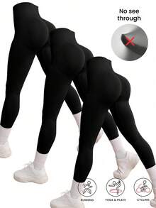 3pcs Black Seamless Stretchy Sports Leggings, Lightweight And Elastic To Enhance Butt And Abdomen Lines Fall - Black - View 2