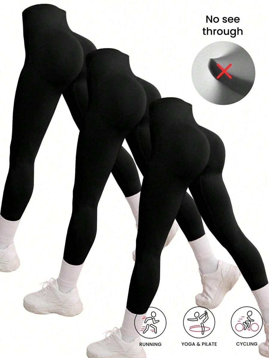 3pcs Black Seamless Stretchy Sports Leggings, Lightweight And Elastic To Enhance Butt And Abdomen Lines Fall