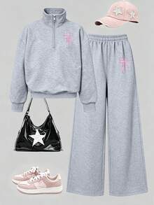 2pcs Girls' Cross Bow Print Half-Zip Sweatshirt & Pants Set, Fashionable & Comfortable Autumn/Winter Outfit - Grey - View 3