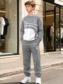 Teenagers Spring/Autumn Knitted 2 Pieces Set, Grey & White Colorblock Curved Star Print Crew Neck Sweatshirt, A Letter Poker Logo Loose Fit Joggers - Grey - View 5
