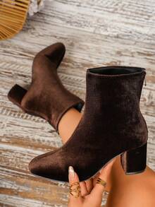 Black Velvet Square Toe Block Heel Ankle Booties Women Back Zipper Ankle Boots - Brown - View 2