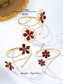 3pcs/1pc Red Floral Arm Cuff Cold Style Elegant Luxury Arm Chain Exquisite Fashion Five-Petal Flower Arm Cuff Set - Red - View 2