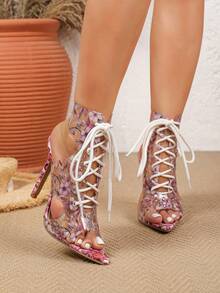 Women's High Heel Fashion Sandals Pointed Toe Lace-Up 11cm Printed Colorblock Sexy Stiletto Ultra High Heel Fashion Sandals Plus Size 42 - Pink - View 1