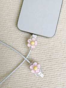 2pcs Cute Pink Flower Cable Protector, Ins Style Floral Anti-Break Charger Cord Sleeve, Universal Wire Protector Cover, Compatible With 18W 20W Fast Charging Power Adapter - Pink - View 2
