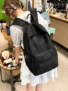 韓系美學紋理尼龍翻蓋抽繩口袋大容量後背包,女款休閒日常通勤書包,適合大學生返校禮物 - 多款 - 查看 6