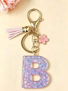 1pc Pink Glitter Letter Car Interior Hanging Ornament Phone Decoration Keychain, Cherry Blossom Tassel Flower Pendant, Suitable For Student Backpack, Holiday Gift For Friends, Valentine's Day, Halloween, Thanksgiving, Applicable To Any Occasion - Style C - View 5