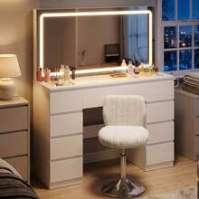 Devoko Modern Vanity Table With Extra Large LED Mirror, 3 Light Colors And Dimmable Brightness, Dressing Table With Glass Top, 9 Drawers, Power Strip And Hair Dryer Holder, White/Black - 查看 3