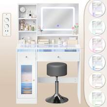 Devoko tocador con espejo LED, iluminación RGB y modo música, tocador con superficie de cristal, cajones, estante abierto, regleta de enchufes, USB/Tipo C y función de temporizador, blanco - Ver 6
