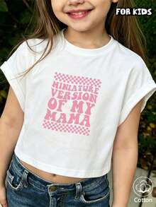 Girls' Summer Short-Sleeve T-Shirt, Fitted T-Shirt, Cotton Knit Fabric, Fashionable Street Style, Pink Checkerboard Print - White - View 3