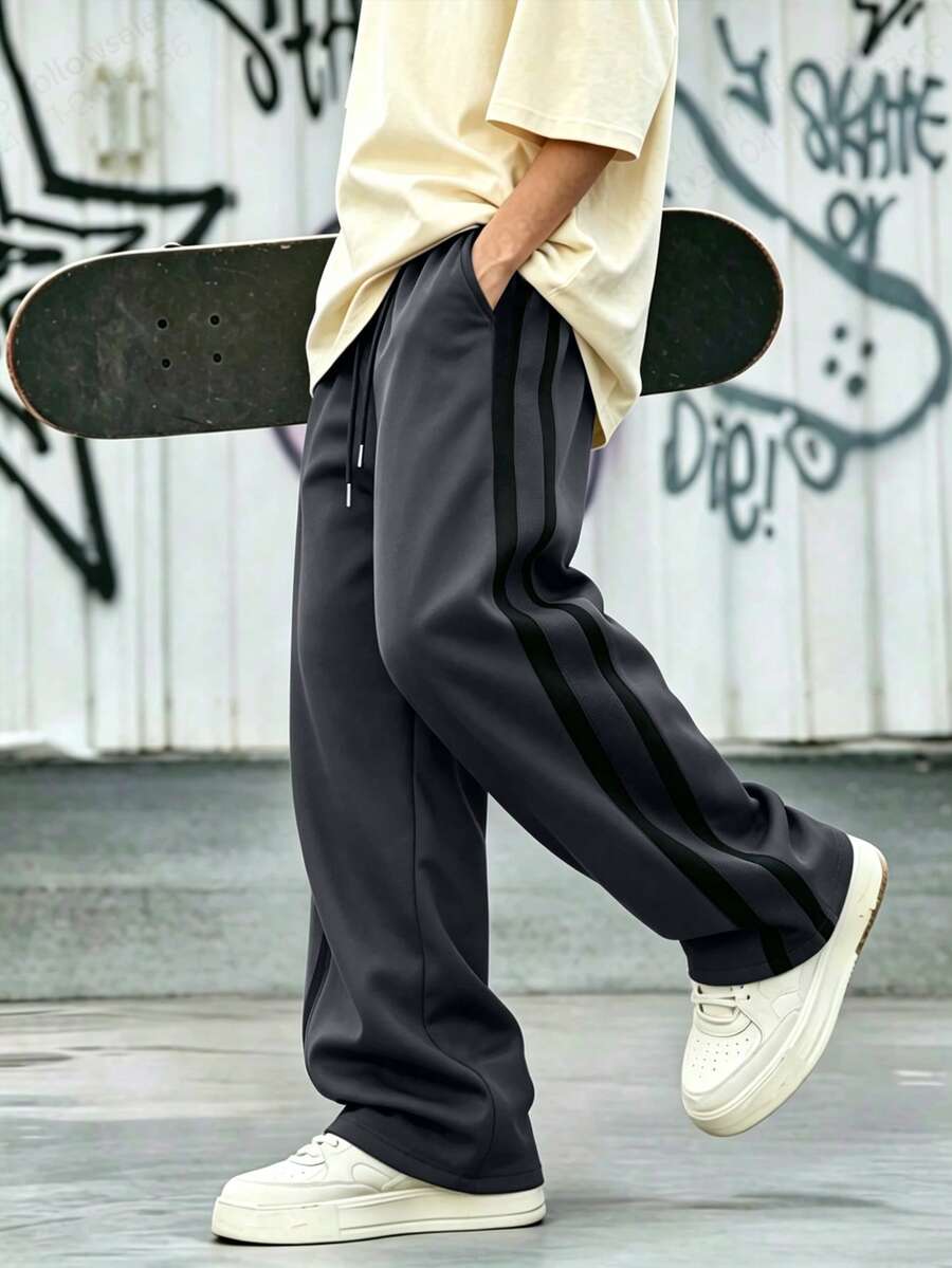 Men's Casual Outdoor Sports Straight Leg Pants With Contrast Stripes, Suitable For Spring And Autumn - Dark Grey - View 1