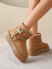 1 Pair Sweet & Cool Metal Buckle Snow Boots, Pearl Pendant Decor, Thick Sole Height-Increasing, Thermal Lined, Versatile Ankle Boots For Women - Camel - View 8