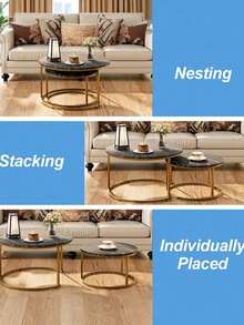 1pc Stackable Metal Frame Marble Table - Living Room Coffee Table, Featuring A Sturdy Metal Frame And An Inlaid Marble Tabletop. Movable And Space-Saving, Ideal As An End Table For The Living Room, Bedroom, Balcony And Terrace. - Multicolor - View 7