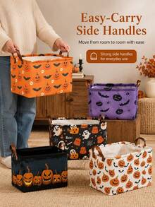 Halloween Style, Rectangular Pumpkin Bat Print, Dual Handle Storage Organizer Bin For Toys Blankets Books, Home Party Living Room Autumn Season. - Multicolor - View 3