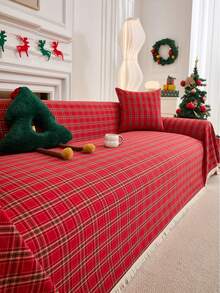 1pc American Vintage Red Dashed Plaid Multifunctional Full Cover Tassel Sofa Cover, Christmas Decoration Sofa Throw - Multicolor - View 8