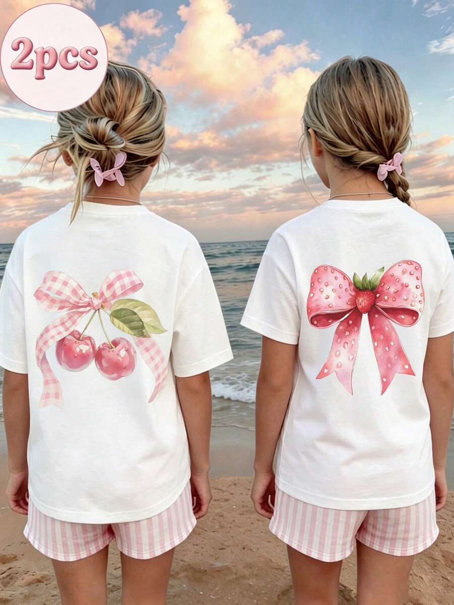 Two-Piece T-Shirt Set For Girls: White Short-Sleeve Tee With Large Back Print Of Cherry & Strawberry With Bow Details, Plus Striped Shorts - White + White - View 1