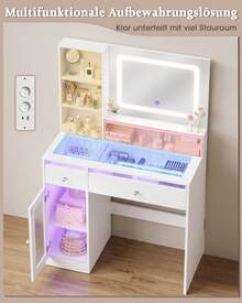 Devoko tocador con espejo LED, iluminación RGB y modo música, tocador con superficie de cristal, cajones, estante abierto, regleta de enchufes, USB/Tipo C y función de temporizador, blanco - Ver 8