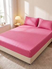 1pc Pink Striped Fitted Sheet, Bedding, Mattress Protector, Home Life, Home Textiles, Soft, Wrinkle-Resistant, Breathable And Comfortable, Suitable For All Bed Sizes, Dorm Bedding, Home Decor, Pillow And Pillowcase Not Included, Machine Washable, Back To School - Multicolor - View 8