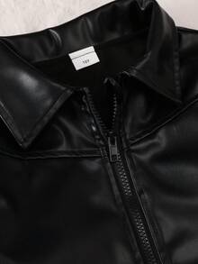 Purechapter 2pcs Tween Girls Fashion Leather Jacket Long Sleeve Coat With Lining, Skin-Friendly Comfortable Warm Pockets Lapel Zipper Jacket And A-Line Skirt Set (No White Clothes), Autumn/Winter New Style - Black - View 5
