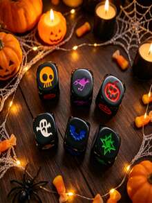 6-Sided Engraved Acrylic Halloween Dice, MTG Magic Tabletop Game Spell Counter Dice, Skull Pumpkin Ghost Pattern Dice, Halloween Party And Tabletop RPG Game Gift (6pcs/Box) - Multicolor - View 1