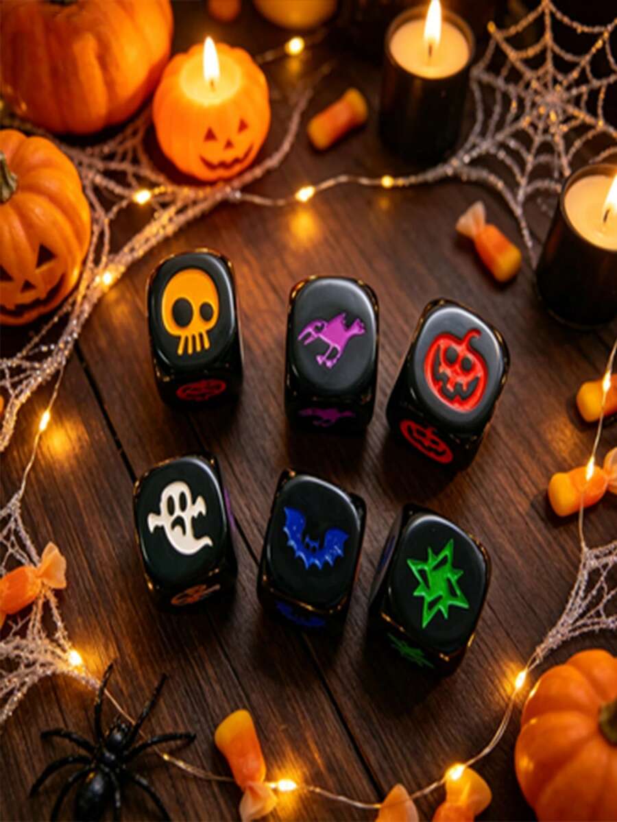 6-Sided Engraved Acrylic Halloween Dice, MTG Magic Tabletop Game Spell Counter Dice, Skull Pumpkin Ghost Pattern Dice, Halloween Party And Tabletop RPG Game Gift (6pcs/Box) - Multicolor - View 1