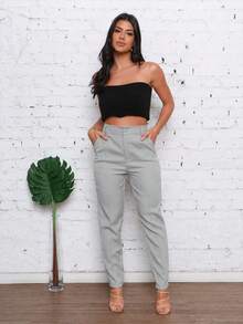 EMILI FASHION/Women's Clothing/ Pants/ Tailored/ With Pockets/ With Button And Zipper/ Pleated. - 灰色 - 查看 2
