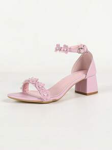 Women's Plus Size Wide Toe Box 3D Floral Pearl Decor Solid Color Open Toe Double Ankle Strap Tie-Up Chunky Square Heel Sandals, Fresh Sweet Style, Summer Date Light Blue - Baby Pink - View 7