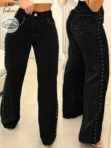 Women's Black Washed Loose Straight Leg Jeans, Retro Casual Street Style With Rivet Decor Spring, High Waisted - Black - View 1