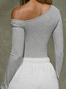 Women's Grey Long Sleeve Asymmetric Neckline Twisted Detail Knit T-Shirt, Ribbed Fabric Slim Fit Top, Suitable For Autumn, Commute, Daily, Office, Street, Home - Grey - View 3