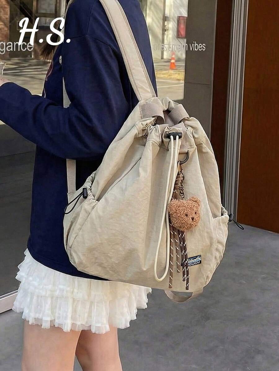 New Fashion Casual Minimalist Unisex Drawstring Closure Solid Color Retro Large Capacity Multi-Pocket University Student Backpack, Lightweight Multipurpose Shoulder Bag For Short Trip, Hiking