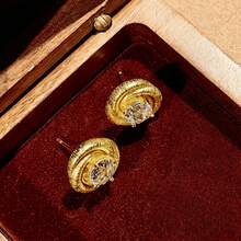 Light Luxury Vintage Octagonal White Zirconia Inlaid Brushed 18K Gold Plated Rose Stud Earrings For Women - White - View 4