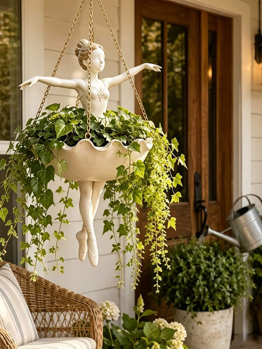 1pc Ballet Girl Hanging Planter Decoration, Outdoor Decorative Craft, Creative Garden Yard Decor, Cute Decorative Flower Pot, Suitable For Succulents, Climbing Plants, Patio, Porch And Garden Decoration, Home Decor Gardening Gift