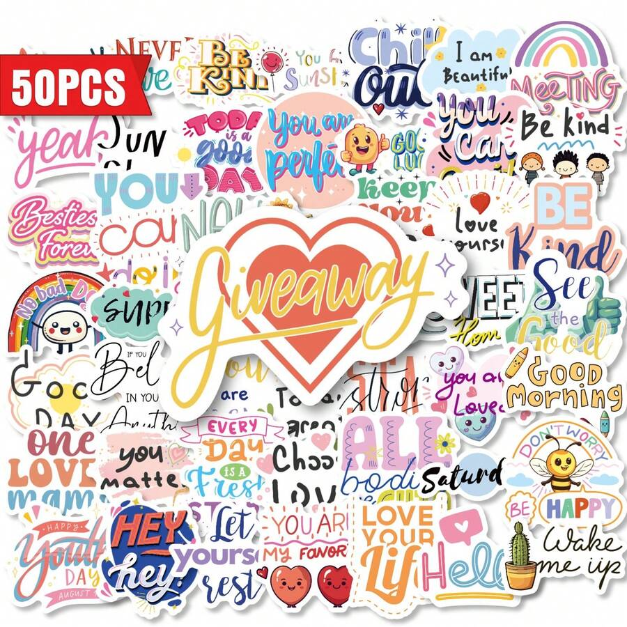 50Pcs Positive Affirmation Waterproof Stickers, Inspirational Cartoon Children Motivational Text Stickers For Diary, Notebook, First Day Of School - Multicolor - View 1