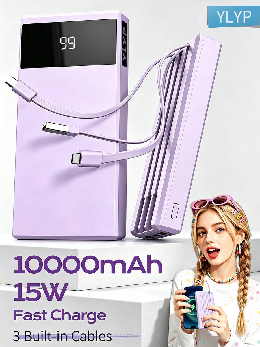 YLYP بنك طاقة محمول بسعة 10000mAh مع 3 كابلات مدمجة، 5 منافذ إخراج، 2 منافذ إدخال، شحن سريع 3A، متوافق مع آيفون 17/16/15، جالاكسي، وأجهزة أخرى، خفيف الوزن وبطارية سفر محمولة