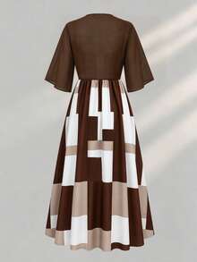 Set Gaun Elegan 2 Potong, Gaun Elegan Motif Kotak-kotak + Atasan Kardigan, Pakaian Sehari-hari Musim Panas - Coffee Brown - View 2