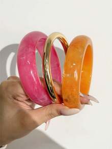 Juego de 3 piezas/Set de pulseras apilables en rosa, naranja y dorado, brazaletes redondos minimalistas encantadores y de moda - Multicolor - Ver 2