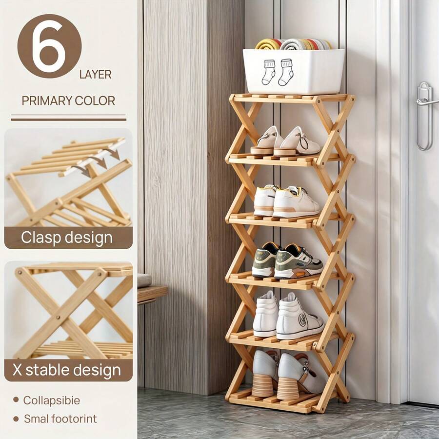 Senmeo 1Pc Multi-Layer Foldable Bamboo Shoe Organizer,Space Efficient Strong Storage Performance,Easy Assembly Freestanding Shelf,Ideal For Small Spaces,Rental Home/Entryway/Hallway/Bedroom/Bathroom/Office/Living Room