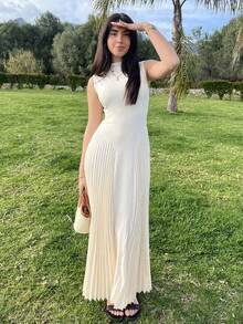 Hitanina Vestido elegante de línea A ajustado con pliegues para mujeres - Albaricoque - Ver 1