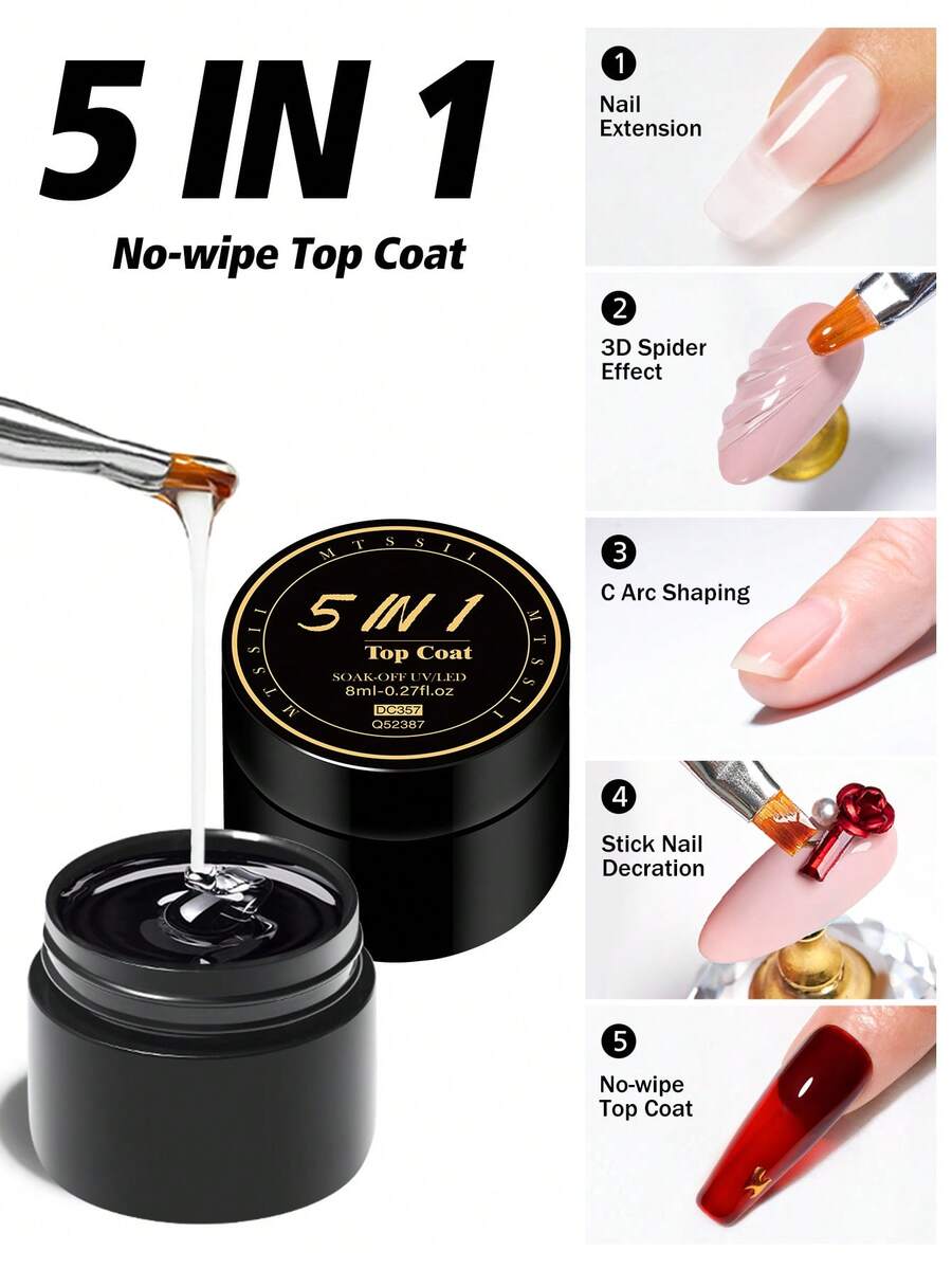 Mtssii 2件組 8ml 5合1免擦頂層凝膠指甲油套組,適用於美甲延長、3D美甲、C弧度美甲造型、美甲裝飾,多功能凝膠指甲油,塗抹順滑,LED燈固化,適合美甲沙龍與居家美甲護理 - 彩色 - 查看 1