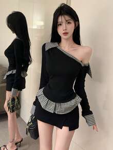Women's 2-In-1 Plaid Asymmetric Shoulder Long Sleeve T-Shirt, Asymmetrical Neck Top, Base Layer - Black - View 4